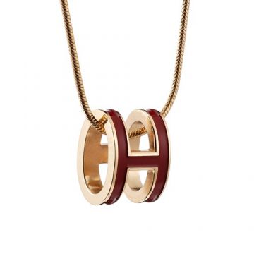 Wholesale Hermes Pop H Dark Red Pendant Decked Lacquer  Gold-plated Chain Necklace Lady