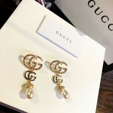  Gucci Paving Colored Diamond Double G Tassel Stud Pearl Pendant New Earrings For Ladies Hot Selling