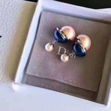 All The Rage Dior Tribales Yellow Gold Detail White & Blue Interlaced Pearl Asymmetric Stud Earrings Blue/White