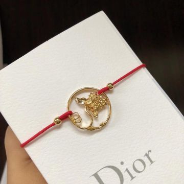 Fall Latest Style Christian Dior Diorelita Yellow Gold Hydrangea Pattern Red Cotton Cord Bracelet For Womens B0914ANIMT_D309