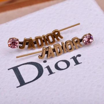 Dior J'Adior Boucles D'oreilles Pink Crystal Retro Brass Logo Motif Ladies Clip Earrings For Sale 