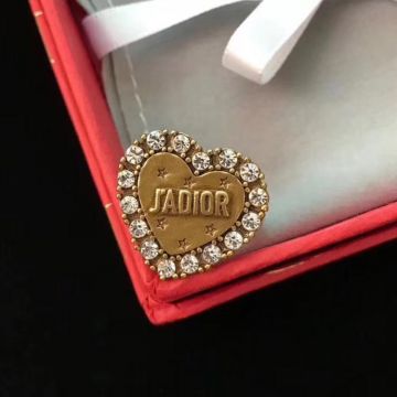 2019 High End Dior J'Adior Logo Pattern Diamonds Edging Women Heart Shaped Brass Ring For Sale 