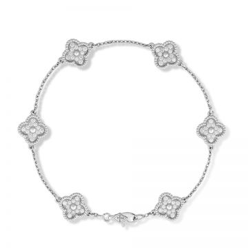 Replica Van Cleef & Arpels Women's Sweet Alhambra Six Clover Motif Paved Diamonds Silver Chain Bracelet Sale VCARO85700