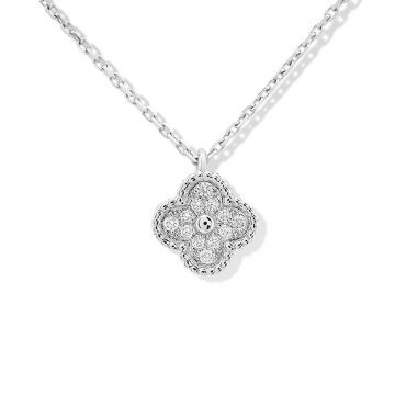 Van Cleef & Arpels Women's Sweet Alhambra Silver Diamonds Chain Necklace VCARO85900 Clover Pendant