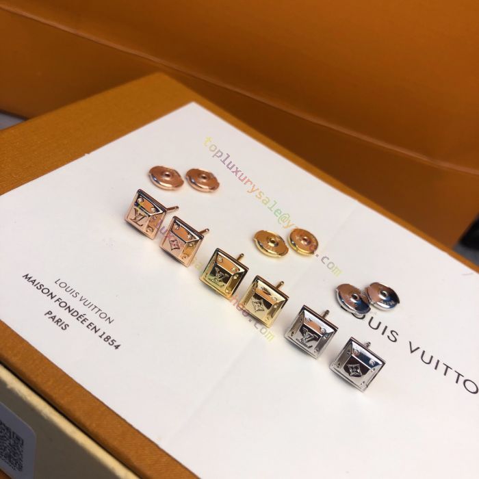 LOUIS VUITTON Earrings piercing AUTH Logo Vintage Gold Cube Square Color  Stone
