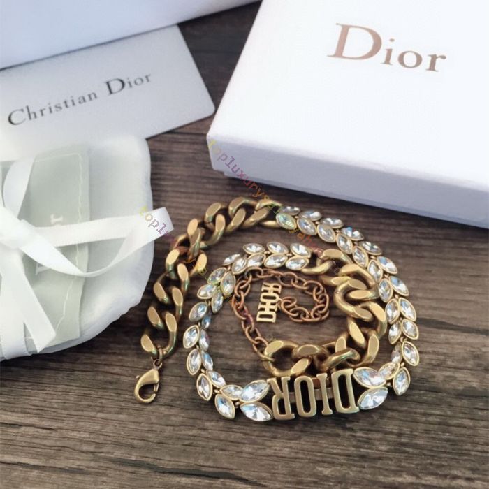 Spring Hot Selling Dior DIOR Logo Charm Thick Chain Marquise Diamond  Females Antique Brass White Crystal