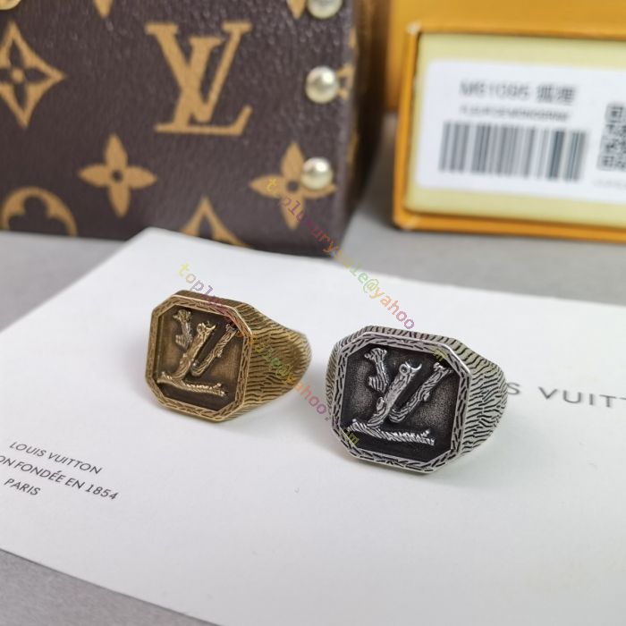 Rustic Louis Vuitton Wood LV Initials Seal Shape Design Textured Engraved  Square Ring For Gentlemen Vintage