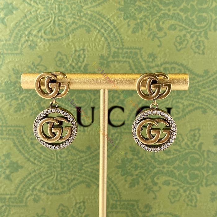 Imitation Gucci Vintage Metal Double G Design Crystal Surround Drop  Earrings For Women Good Review Fashion