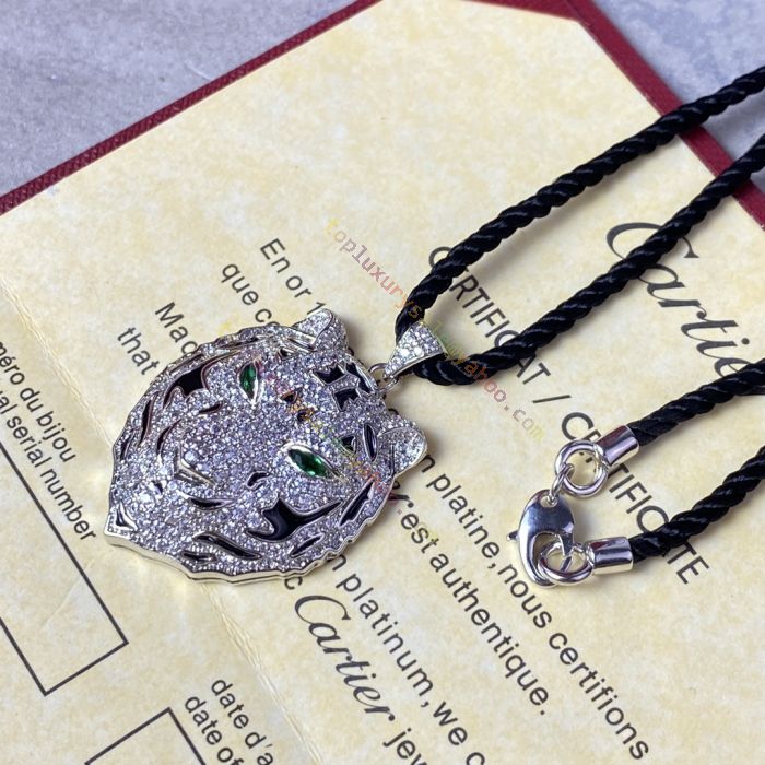 Clone Cartier Diamond Tiger Head Onyx Detail Emerald Eye Pendant Black  Braided Rope Necklace For Men