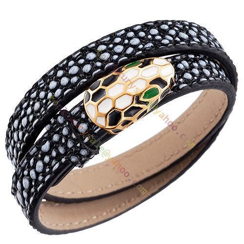 Bvlgari Serpenti Black & White Leather Bracelet Gold-plated Edge