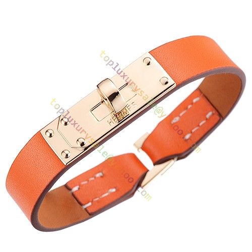 Knockoff Hermes Micro Kelly Orange Leather Bracelet 316L Steel