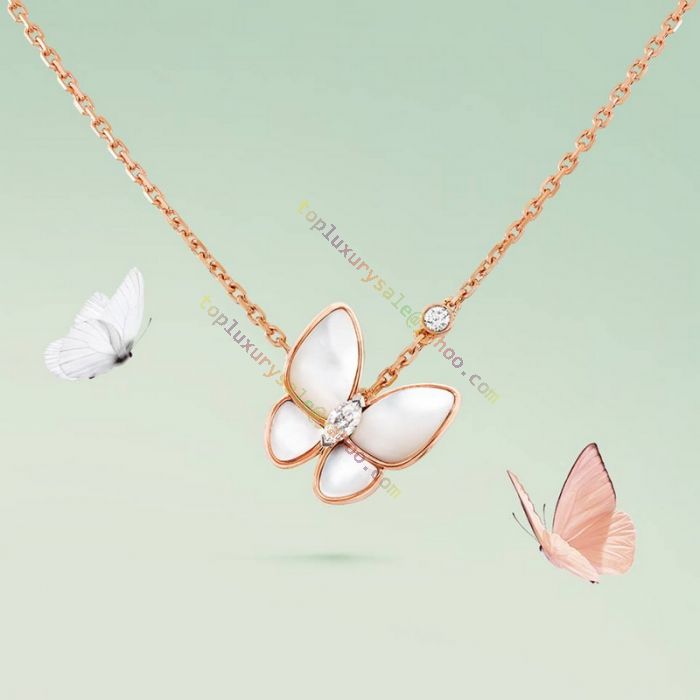 Celebrity Style Van Cleef & Arpels Two Butterfly MOP Pendant Female Rose  Gold Women Marquise Diamond